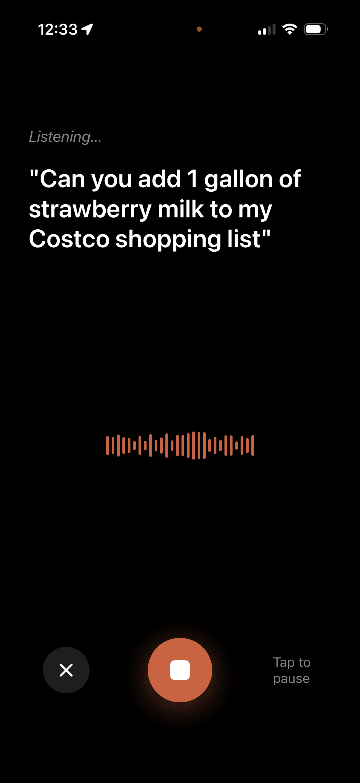Brioche voice capture screen transcribing a spoken shopping request