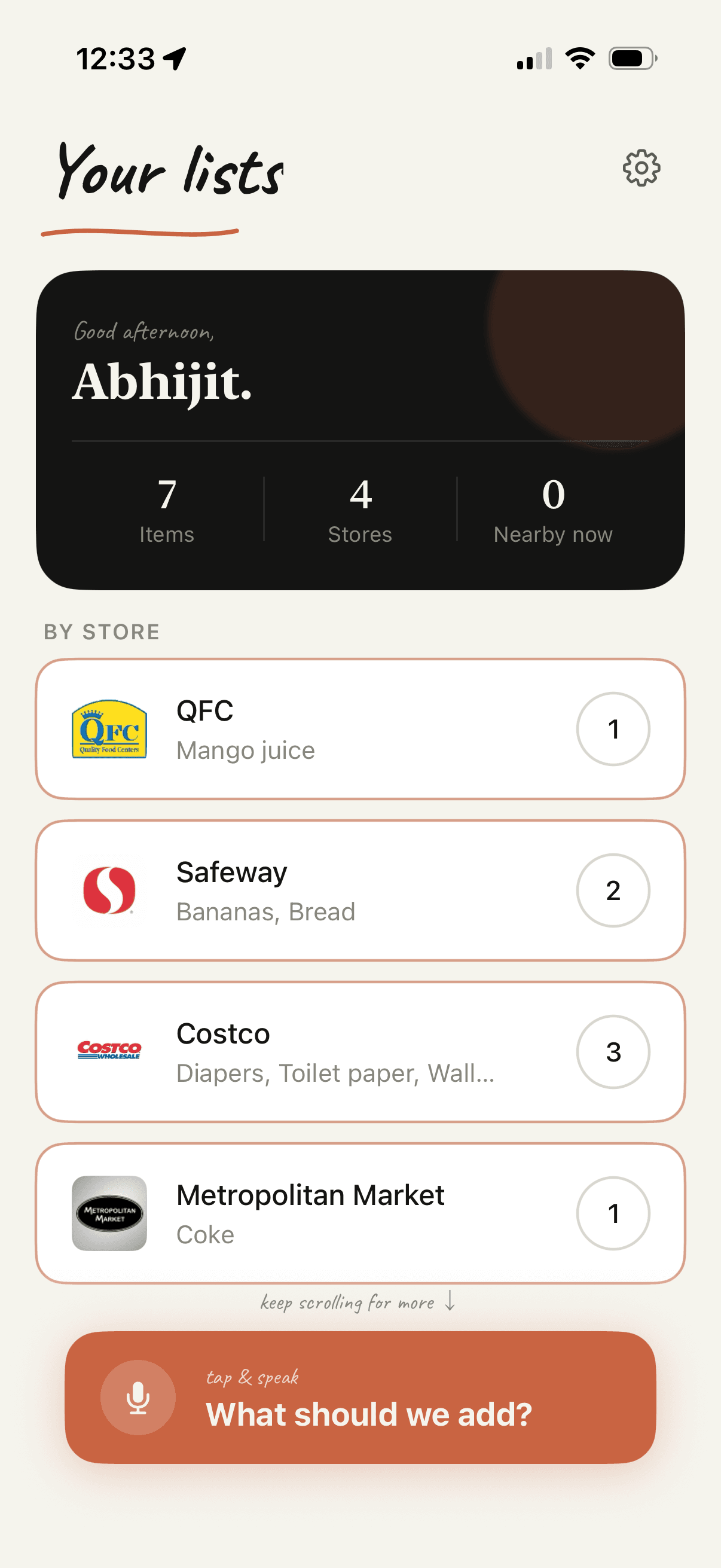 Brioche home screen showing shopping lists grouped by store